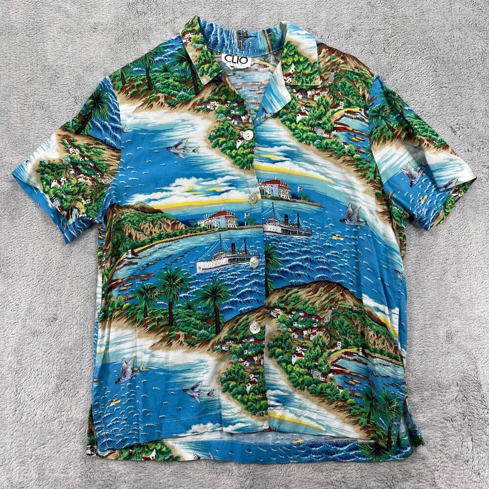 Clio Hawaiian Shirt Womens M Petites Blue Green Tropical Print Rayon Button Up